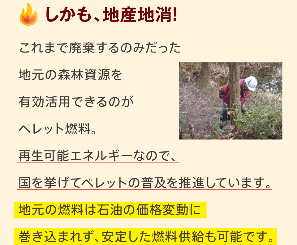 しかも、地産地消! - これまで廃棄するのみだった地元の森林資源を有効活用できるのがペレット燃料。再生可能エネルギーなので、国を挙げてペレットの普及を推進しています。地元の燃料は石油の価格変動に巻き込まれず、安定した燃料供給も可能です。